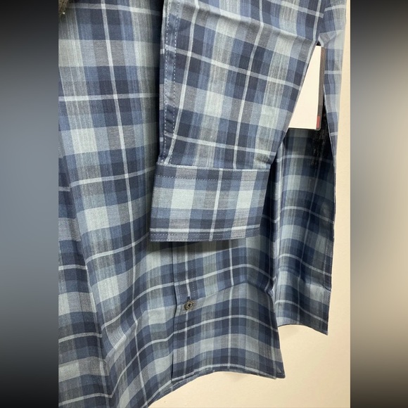 Flag & Anthem Mens Button Up Shirt Plaid Medium Adult Light Blue Navy Stretch - Picture 9 of 13